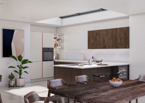 Minimalist kitchen with wooden details and skylight