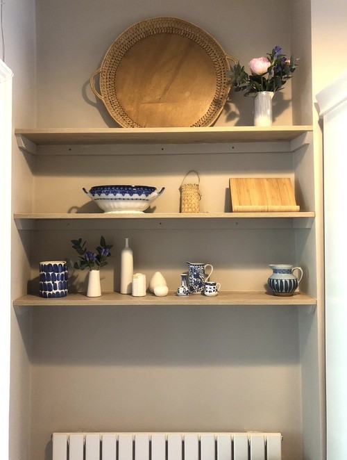 wooden open shelving in the kitchen