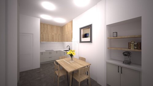 Compact white kitchen with wooden dining table and grey floor