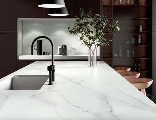 Modern black tap on white marble counter with decorative plant