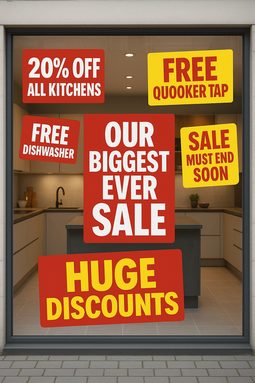 Kitchen showroom window with red and yellow big discount sale signs
