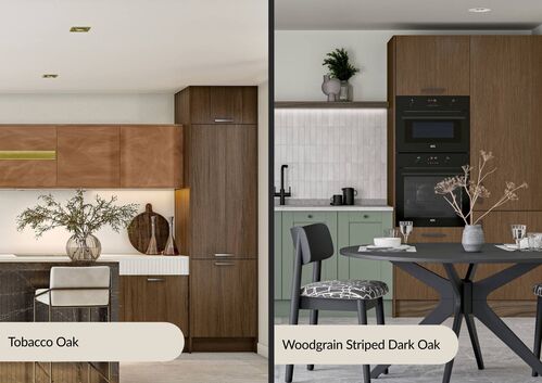Modern kitchen design with bold Tobacco Oak cabinetry and Woodgrain Striped Dark Oak, paired with green accents.