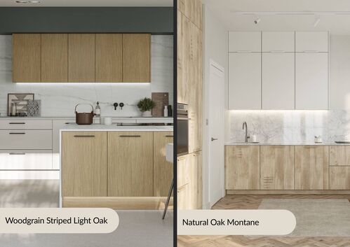 Modern kitchen design with bold Tobacco Oak cabinetry and Woodgrain Striped Dark Oak, paired with green accents.