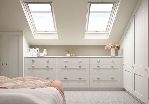 Image of an all-white modern fitted bedroom design