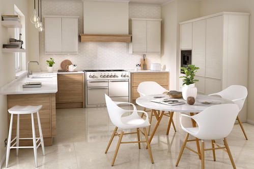 white and cream multifunctional kitchen design, featuring wooden kitchen units