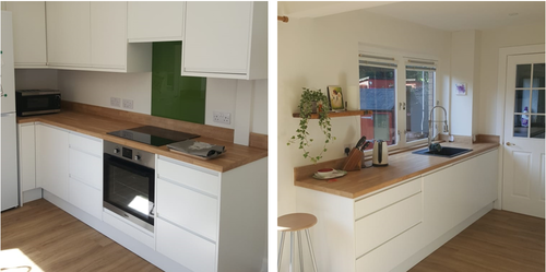 Nature-inspired white kitchen designs with wooden worktops and green accents