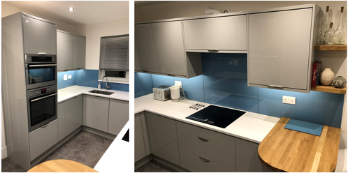 Two images of a modern gloss kitchen design featuring glossy cabinets and a glossy splashback.