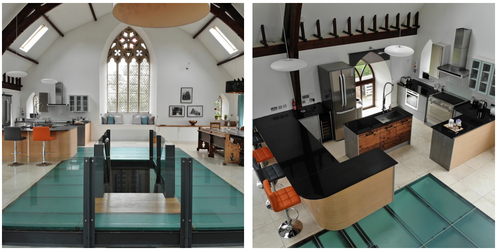 Two images showcasing an open-plan matt kitchen design inside a church with matt black countertops.