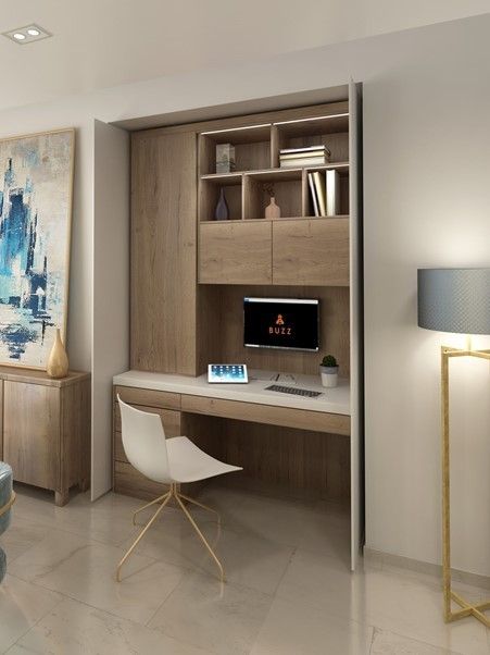 Image of a home office space, showcasing a hidden workspace with integrated folding panels.