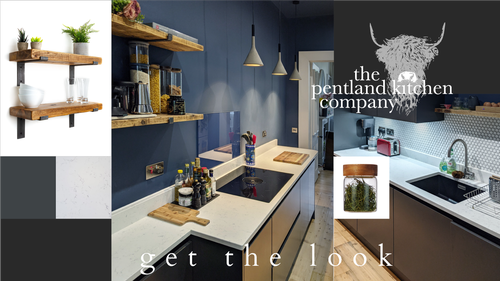 Modern galley kitchen with black handleless units, white worktops, and blue walls.