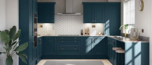 Deep teal shaker kitchen with hexagon tile backsplash and white worktops