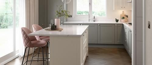 white and grey shaker kitchen with a touch of pink
