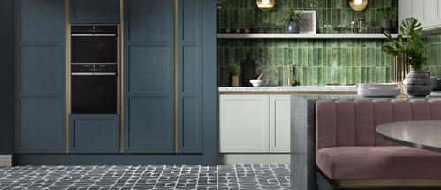 blue and maroon kitchen with gold accent