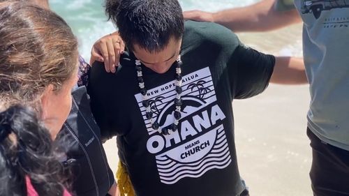 Man with New Hope Kailua t-shirt saying Ohana Means Church