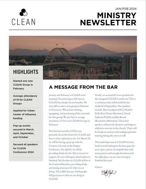 Screenshot image of the first page of The Clean Life Ministry Newsletter with an image of the Portland OR skyline.