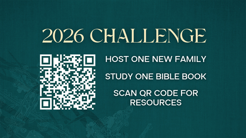2026 Challenge poster: Host one new family, study one Bible book, with QR code for resources