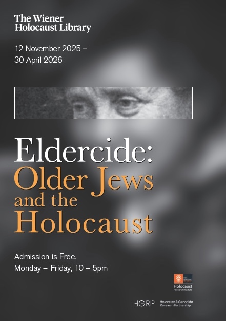 Gray text with a shadowy figure of an elderly woman, with text on top of her face. Logos and dates at the top and bottom of the image