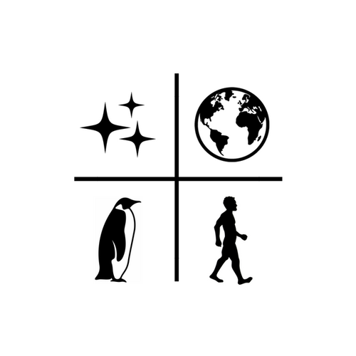 Sparkles, Earth, Penguin, and walking man split into four quadrents