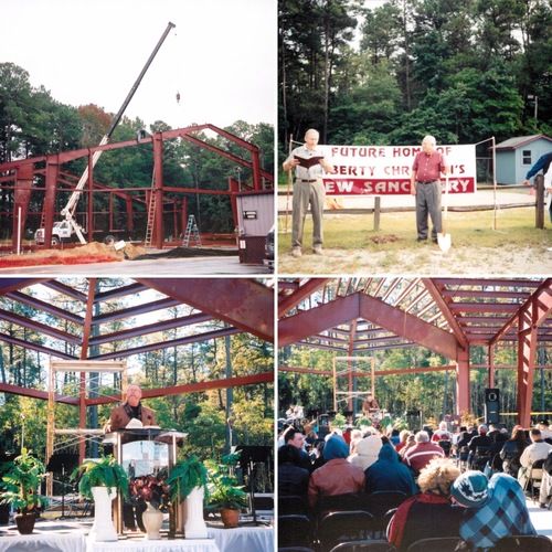 Collage of photos of the process of building the new sanctuary building. The photos on the bottom display Pastor Tom hosting a church service on the construction site of the new sanctuary.