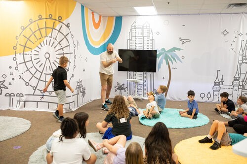 elementary kids having fun in church 