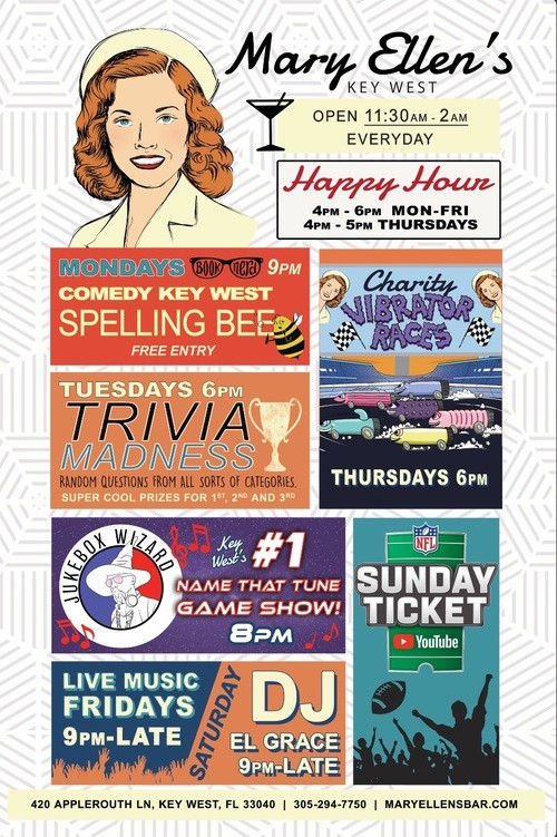 Poster image of Mary Ellen's weekly events and specials.