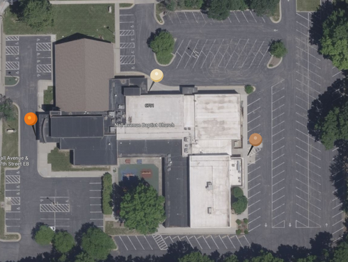 A bird's eye view map of the NABC campus with pins on the most commonly used doors