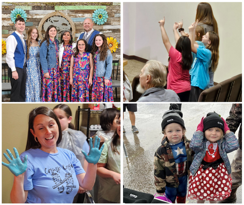 Collage of Family, children worshipping, lady with painted hands, and children with hats
