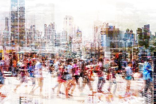 Crowd of anonymous people walking on busy city street - abstract city life concept