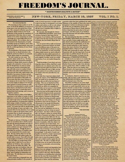 Copy of the first issue of Freedom's Journal - Righteousness Exalteth a Nation