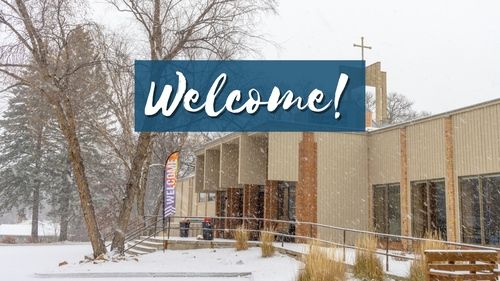 Photo of the front entrance of the church with the text 'Welcome!'