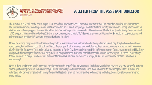 Letter from Asst. Director; Email us for a copy of total recap!