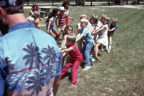 Children playing tug-of-war.