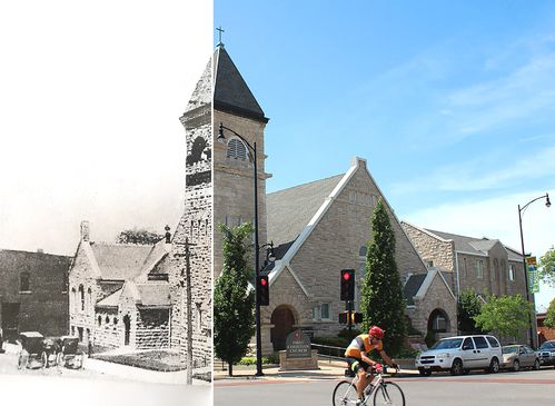 An older, black & white image of First Christian Church in the 1900s with a horse and buggy out front contrast with a modern image of First Christian Church with cars and traffic lights out front to show how far we've come.