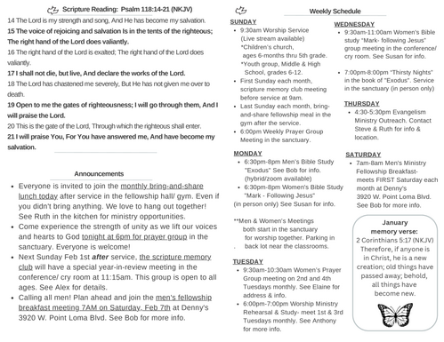 Scripture Reading, Announcements, weekly schedule