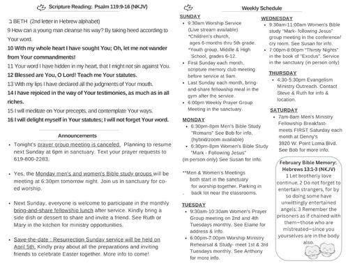 Scripture Reading, Announcements, weekly schedule