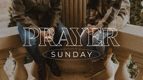 Two people sitting on a banister outside, hands folded in prayer. Graphic overlay with the words