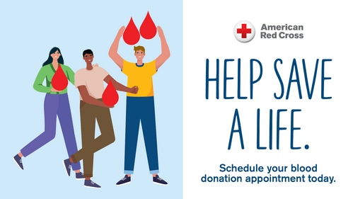 A Red Cross graphic that feature an illustration of three people on the left side holding large red crops that represents blood drops. The illustration features a woman with tan skin and dark long hair. She is wearing a green shirt and blue pants with dark sneaks. The illustration has a man in the middle who has dark skin and dark hair. He is depicted wearing a tan shirt and olive green pants with dark sneakers. The illustration also features a man with light skin and light hair. He is shown wearing a yellow shirt and blue pants with dark sneakers. The right side of the graphic has a white background with navy blue lettering that spells out Helps Us Save A Life.