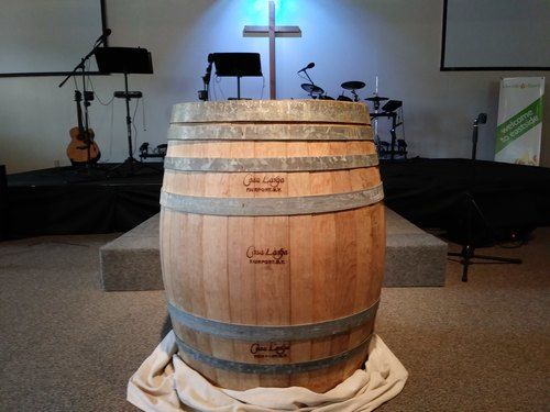 Picture of a barrel from Casa Larga Vineyards, which we brought with us from where we held services for the first 5-1/2 years.