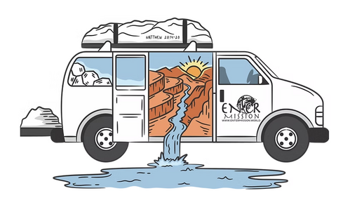 EnterMission graphic of a van filled with adventure and a river flowing out of it.