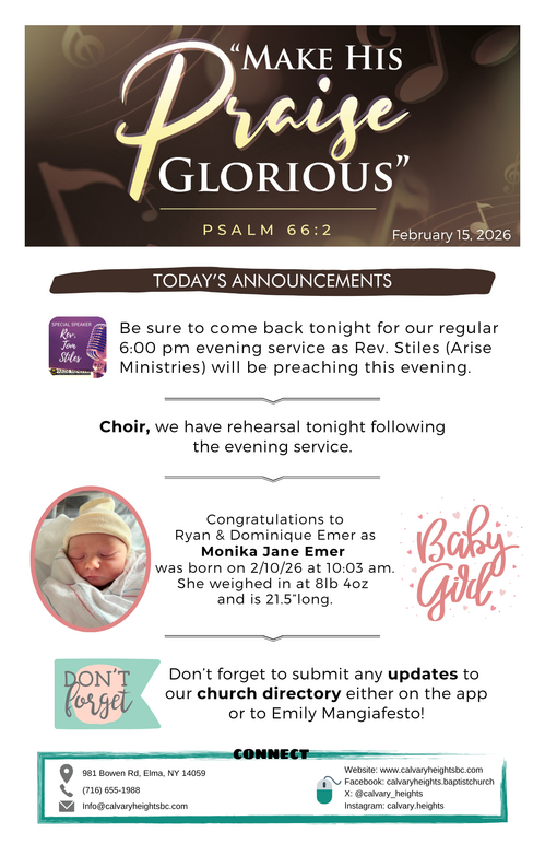 Weekly Bulletin for Calvary Heights Baptist Church