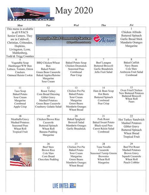 May 2020 PACS Senior Center Menu