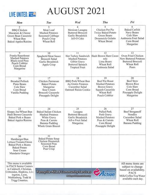 August 2021 Menu